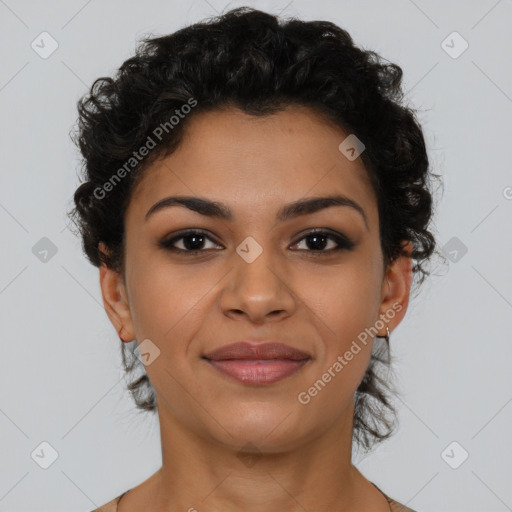 Joyful latino young-adult female with short  brown hair and brown eyes