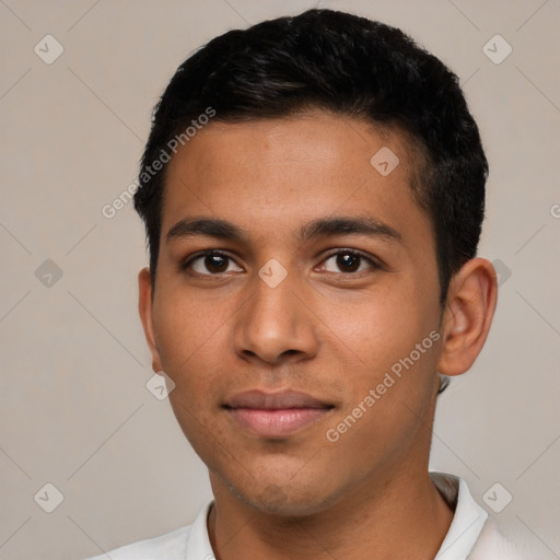 Neutral latino young-adult male with short  black hair and brown eyes