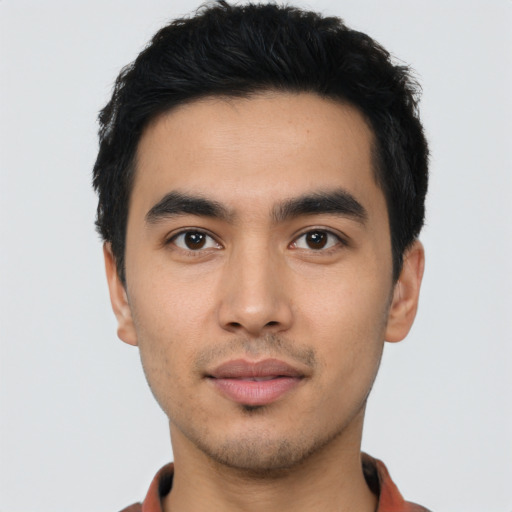 Neutral asian young-adult male with short  black hair and brown eyes