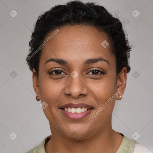 Joyful latino young-adult female with short  brown hair and brown eyes