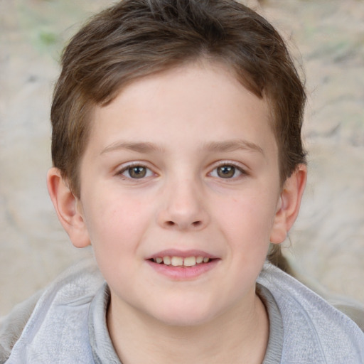 Joyful white child female with short  brown hair and brown eyes