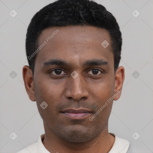 Neutral black young-adult male with short  black hair and brown eyes