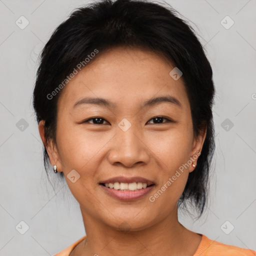 Joyful asian young-adult female with short  brown hair and brown eyes