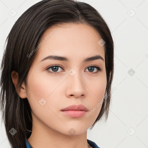 Neutral white young-adult female with medium  brown hair and brown eyes