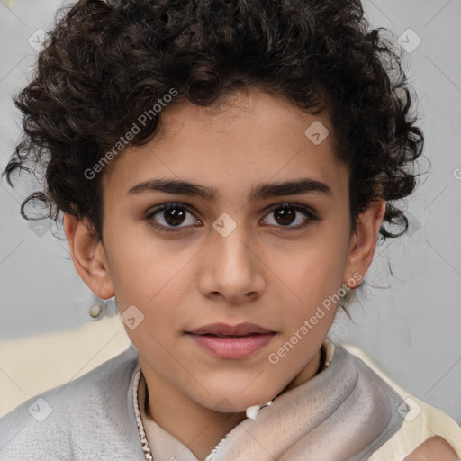 Joyful white child female with short  brown hair and brown eyes