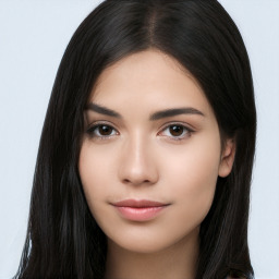 Neutral white young-adult female with long  black hair and brown eyes