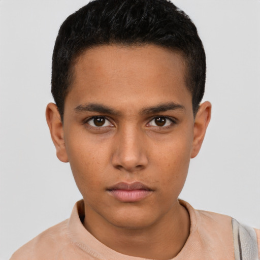 Neutral latino young-adult male with short  brown hair and brown eyes