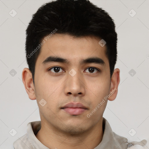 Neutral latino young-adult male with short  black hair and brown eyes