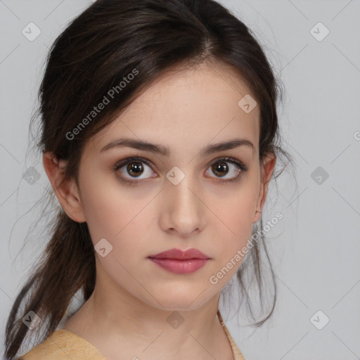 Neutral white young-adult female with medium  brown hair and brown eyes