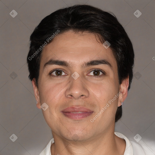 Joyful white adult male with short  brown hair and brown eyes