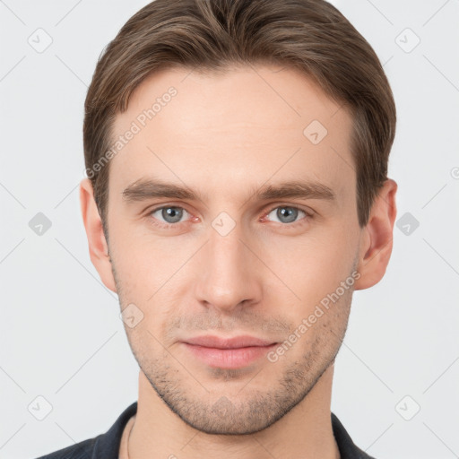 Neutral white young-adult male with short  brown hair and grey eyes