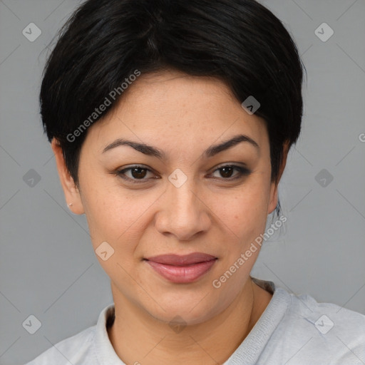 Joyful asian young-adult female with medium  brown hair and brown eyes