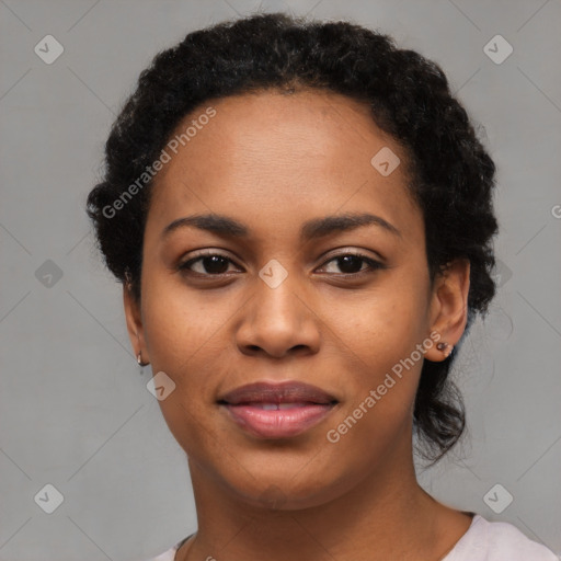 Joyful latino young-adult female with short  black hair and brown eyes