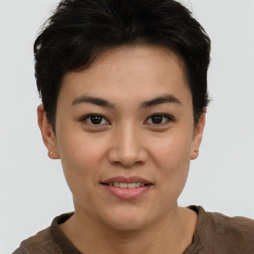 Joyful asian young-adult female with short  brown hair and brown eyes