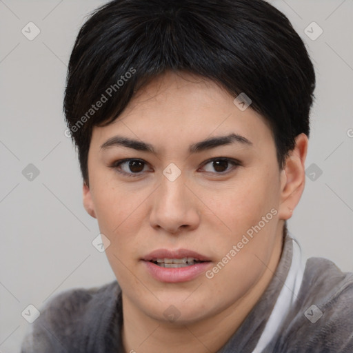 Joyful asian young-adult female with medium  brown hair and brown eyes