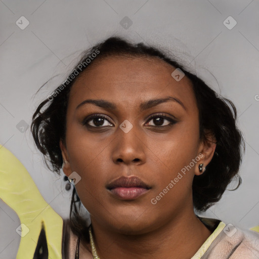 Neutral black young-adult female with medium  brown hair and brown eyes