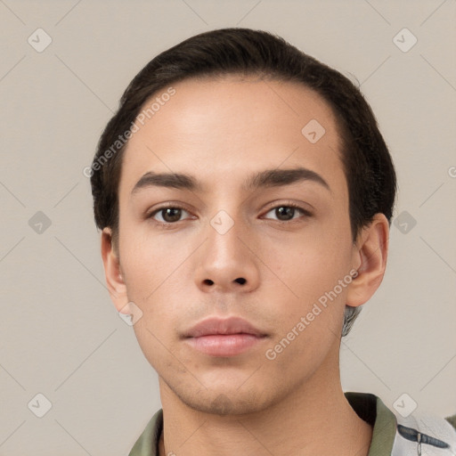 Neutral white young-adult male with short  brown hair and brown eyes