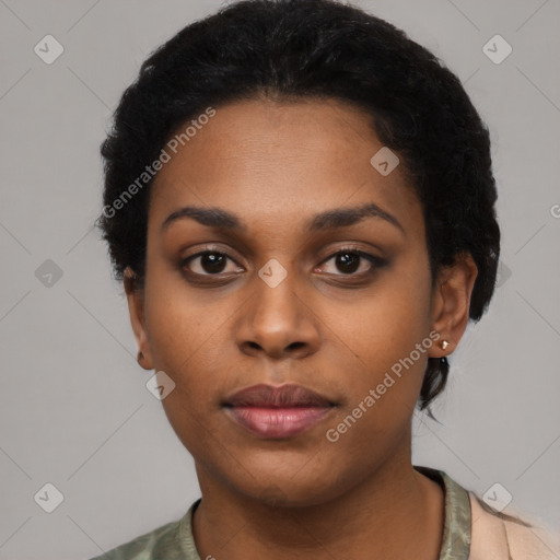 Neutral black young-adult female with short  black hair and brown eyes