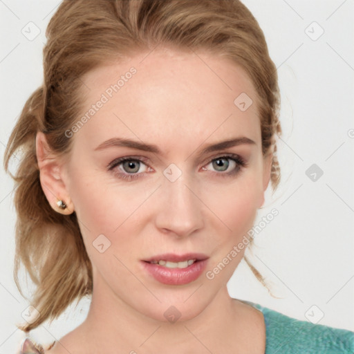 Joyful white young-adult female with medium  brown hair and blue eyes