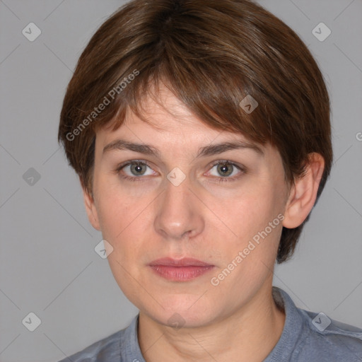 Neutral white young-adult female with medium  brown hair and brown eyes