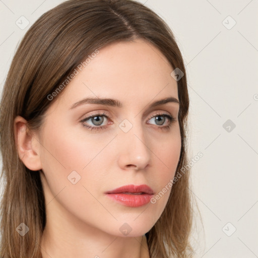 Neutral white young-adult female with long  brown hair and grey eyes