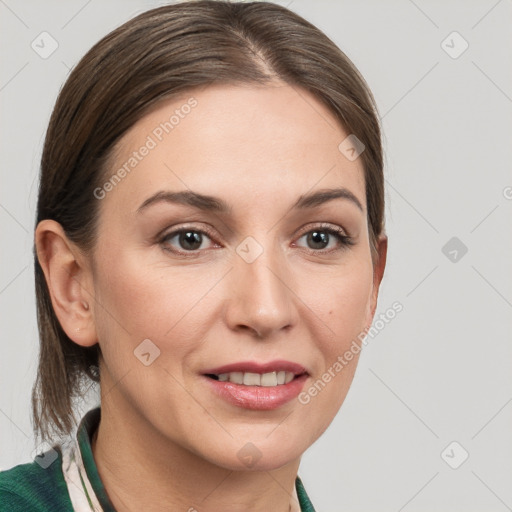 Joyful white young-adult female with medium  brown hair and grey eyes