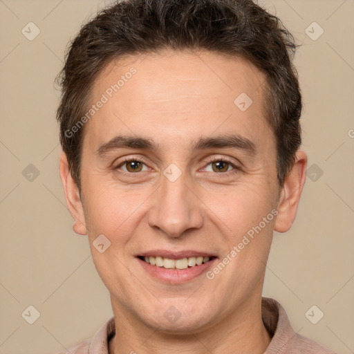 Joyful white adult male with short  brown hair and brown eyes