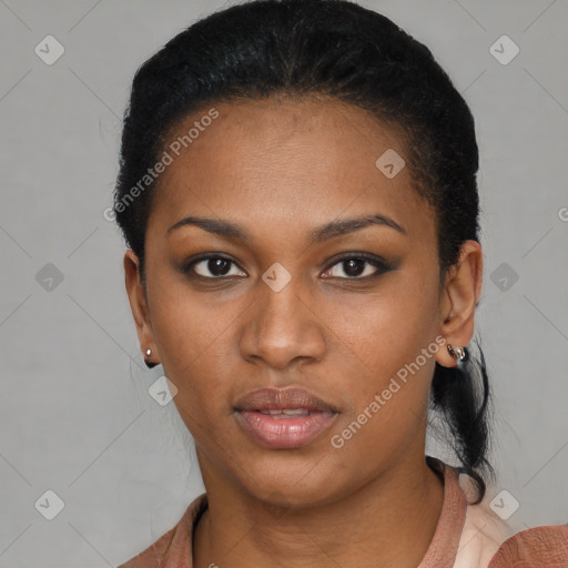 Neutral black young-adult female with short  black hair and brown eyes