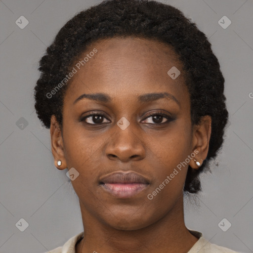 Neutral black young-adult female with short  black hair and brown eyes