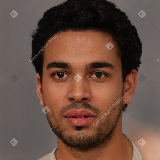 Neutral latino young-adult male with short  black hair and brown eyes