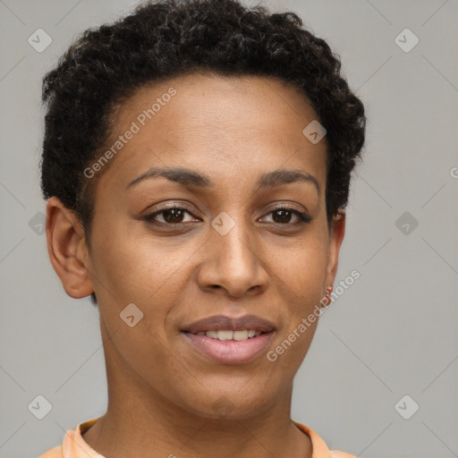 Joyful black young-adult female with short  brown hair and brown eyes