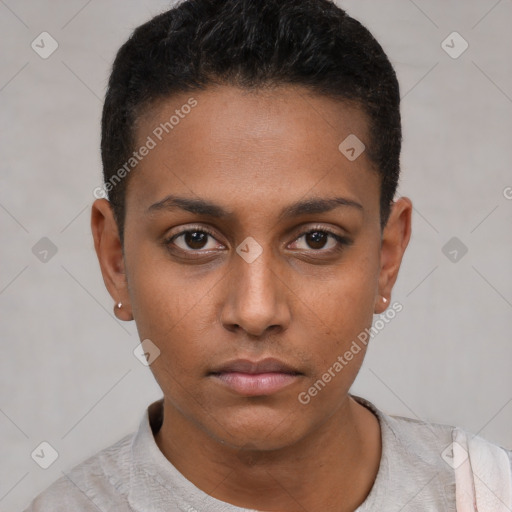 Neutral black young-adult female with short  brown hair and brown eyes