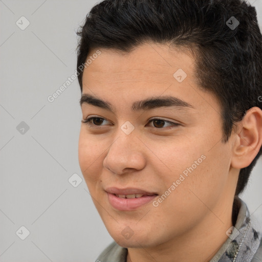 Joyful asian young-adult male with short  black hair and brown eyes