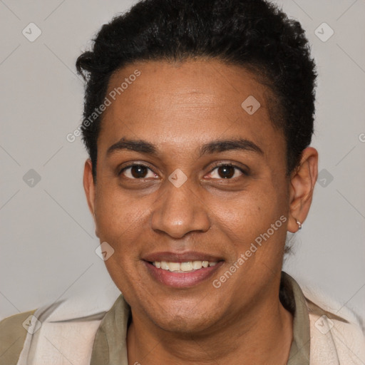 Joyful black adult female with short  brown hair and brown eyes