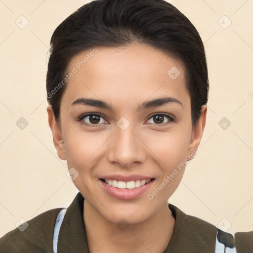 Joyful white young-adult female with short  brown hair and brown eyes