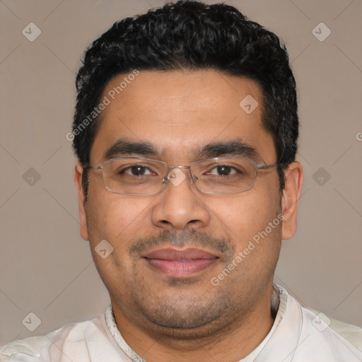 Joyful latino adult male with short  black hair and brown eyes