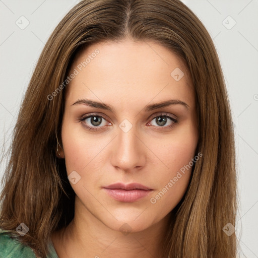 Neutral white young-adult female with long  brown hair and brown eyes