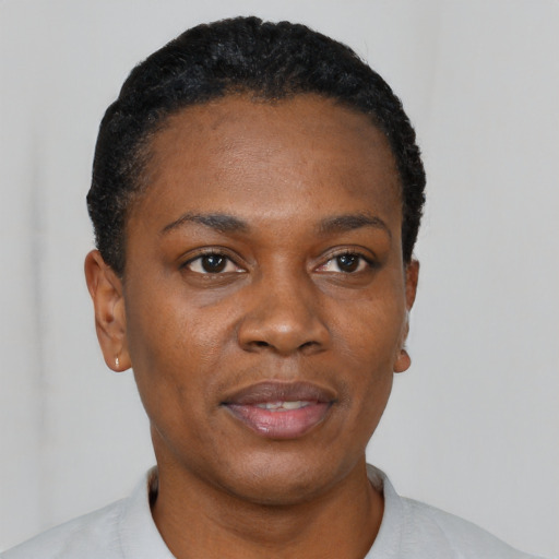 Neutral black young-adult female with short  black hair and brown eyes