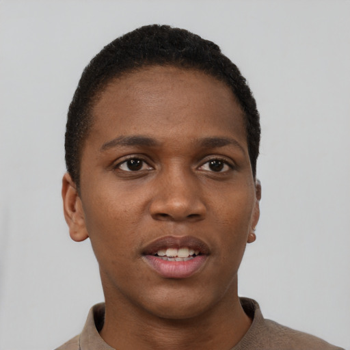 Neutral black young-adult female with short  black hair and brown eyes