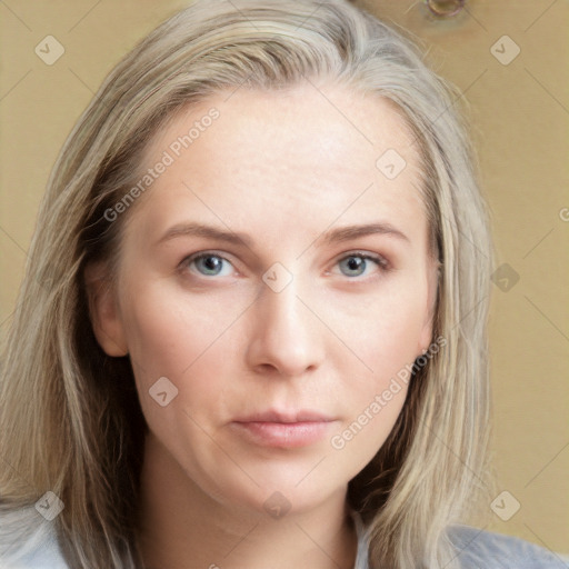 Neutral white young-adult female with medium  brown hair and grey eyes