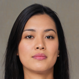 Neutral asian young-adult female with long  black hair and brown eyes