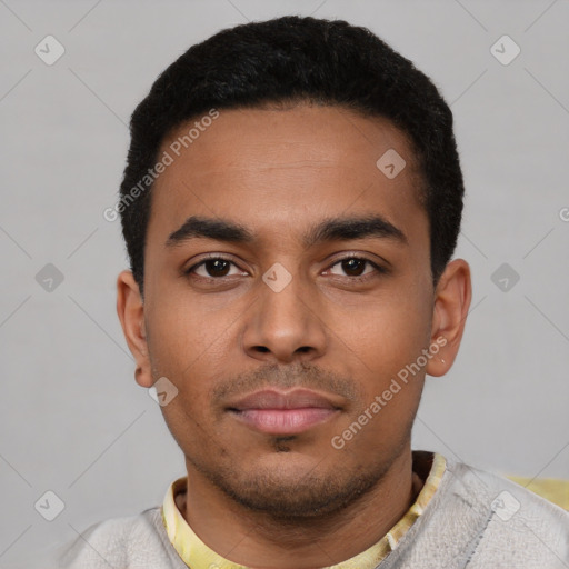 Neutral latino young-adult male with short  black hair and brown eyes