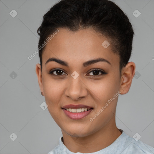 Joyful latino young-adult female with short  brown hair and brown eyes