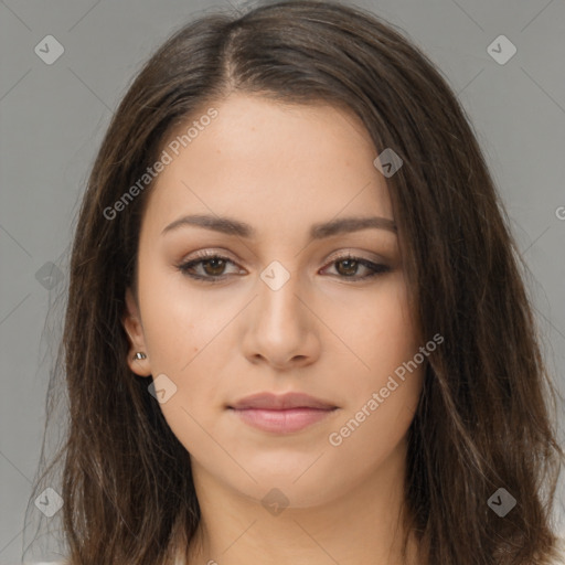 Neutral white young-adult female with long  brown hair and brown eyes