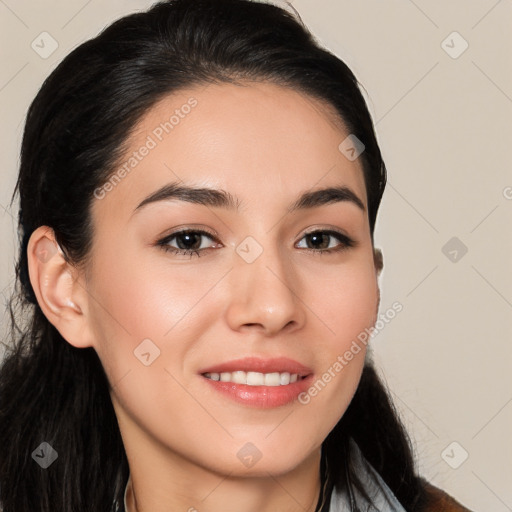 Joyful white young-adult female with long  black hair and brown eyes