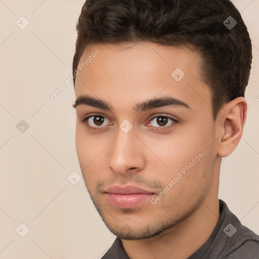 Neutral white young-adult male with short  brown hair and brown eyes