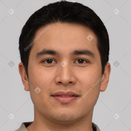 Joyful asian young-adult male with short  black hair and brown eyes