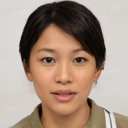 Neutral asian young-adult female with medium  brown hair and brown eyes