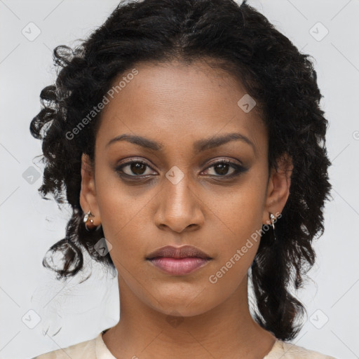 Neutral black young-adult female with medium  brown hair and brown eyes