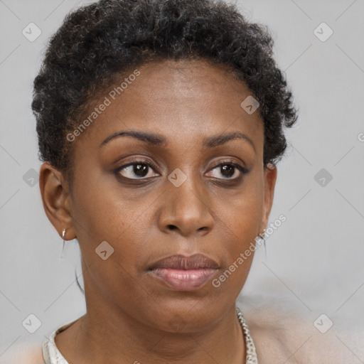 Neutral black young-adult female with short  brown hair and brown eyes